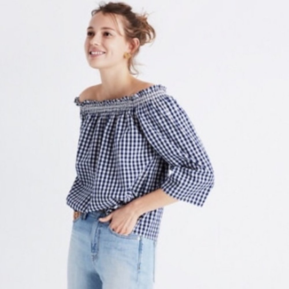 Madewell Smocked Gingham Off Shoulder Top Size S